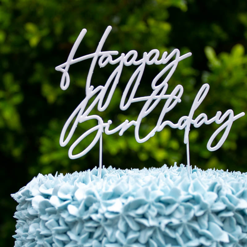 Cake & Candle Metal Cake Topper Happy Birthday 3 Pearl White