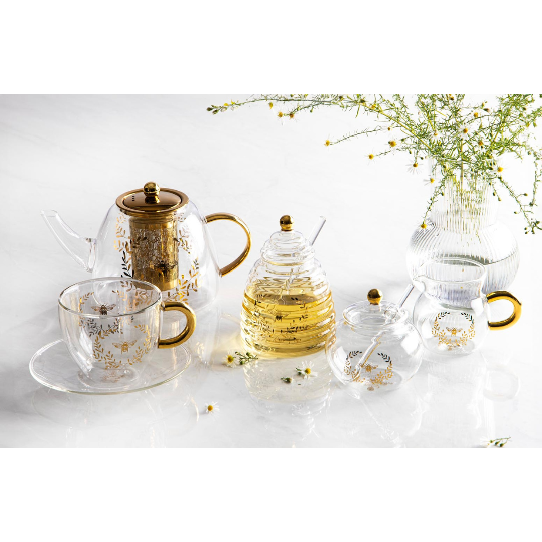 Ashdene Elegant Bee Glass Teapot & 2 Teacup Set