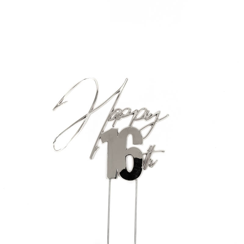 Cake & Candle Metal Cake Topper Happy 16th Silver