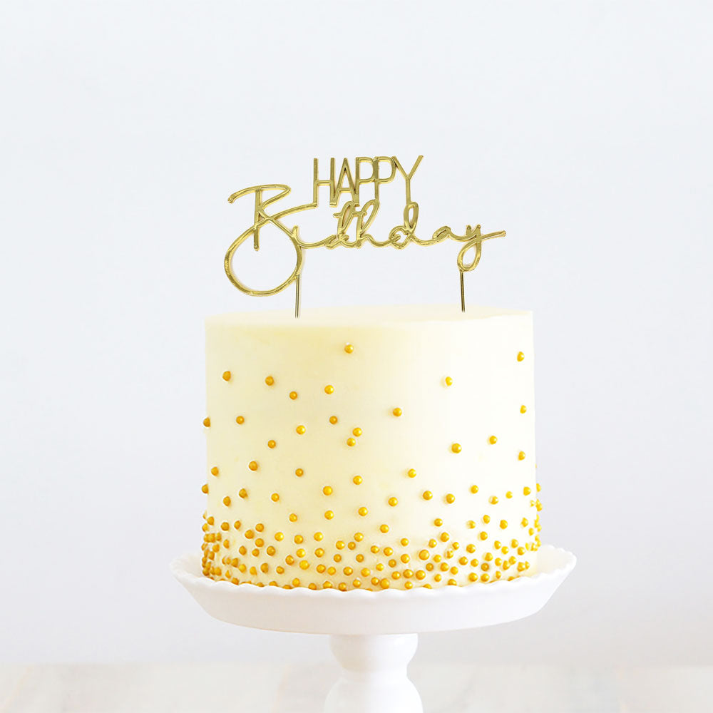 Cake & Candle Metal Cake Topper Happy Birthday 2 Gold