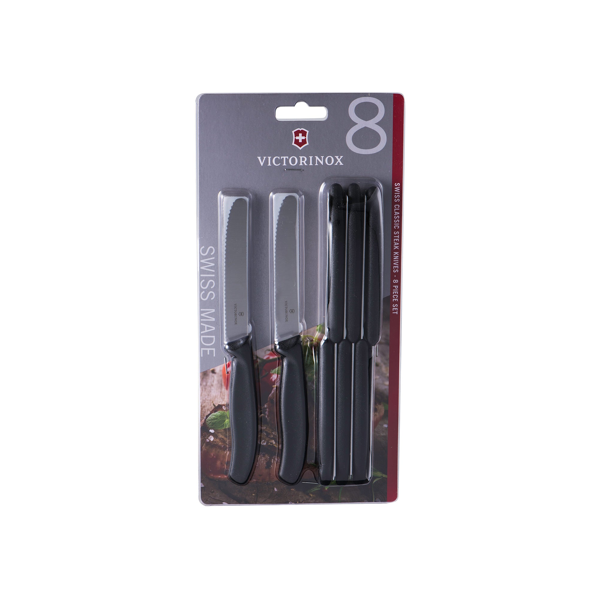 Victorinox Steak & Tomato Knife,11cm Round Tip,Wavy Edge,8 pc Set Classic Black