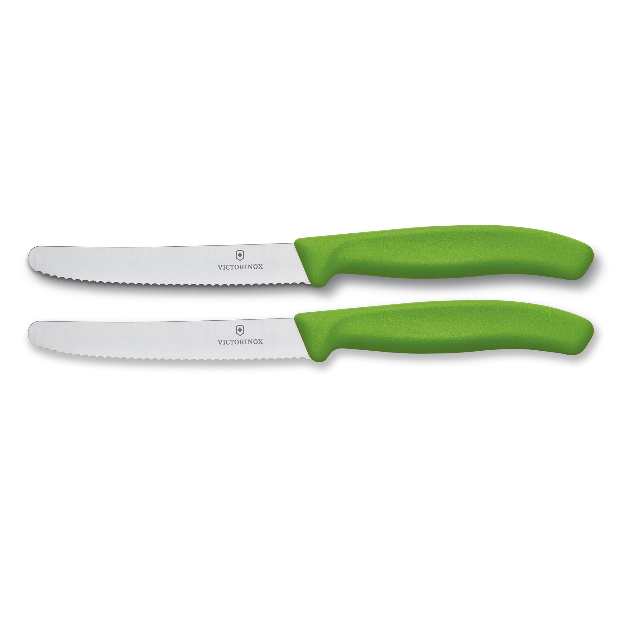 Victorinox Steak & Tomato Knife,11cm Round Tip,Wavy Edge,2 pc Set Classic Green