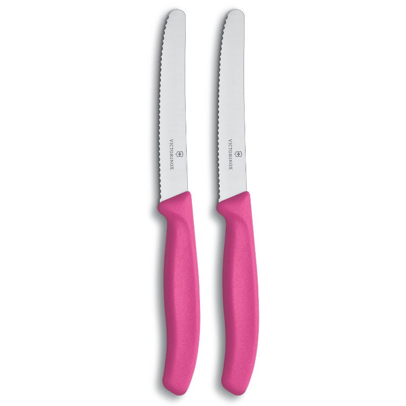 Victorinox Steak & Tomato Knife,11cm Round Tip,Wavy Edge,2 pc Set Classic Pink