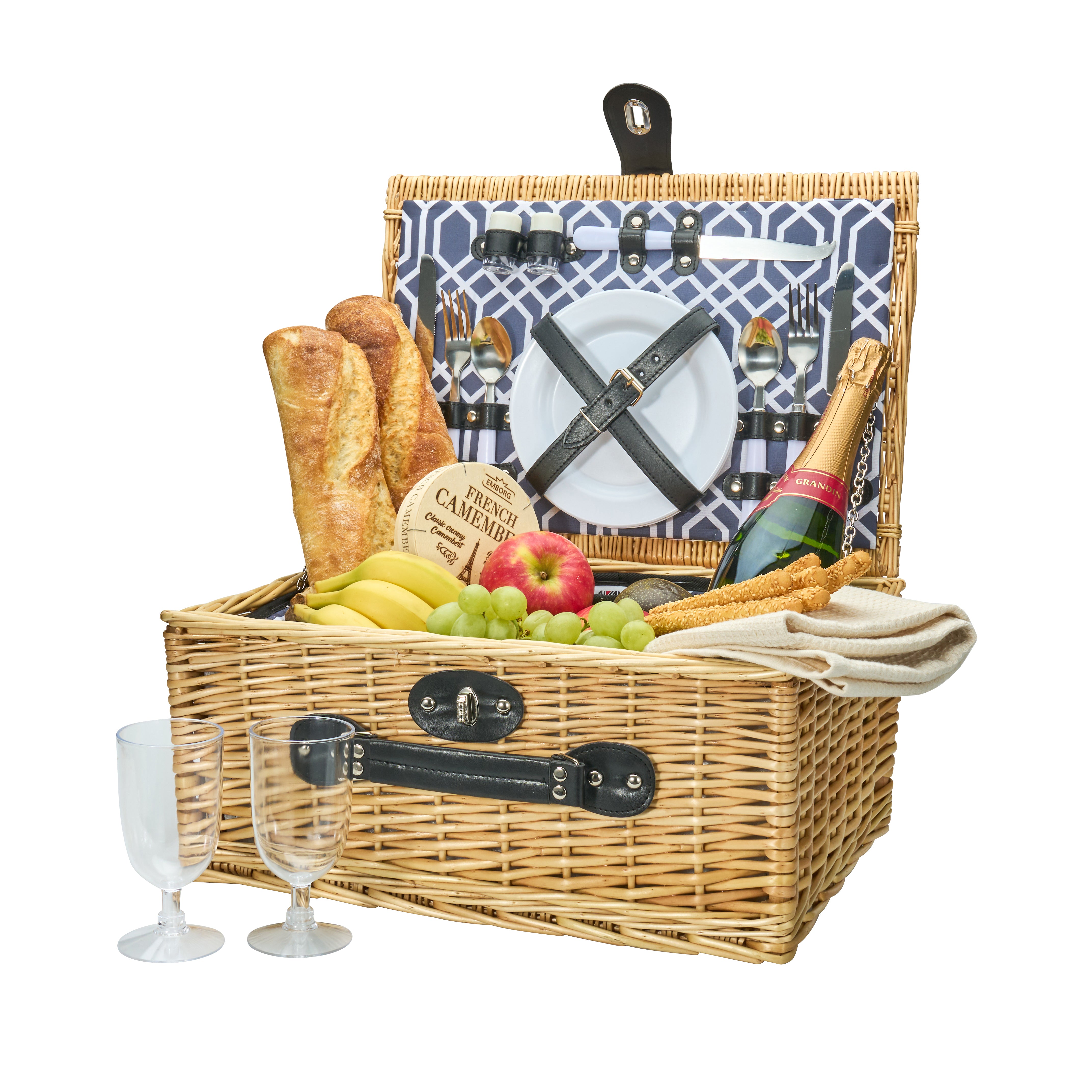 Avanti 2 Person Wicker Picnic Basket - Hamptons Blue Point Pattern