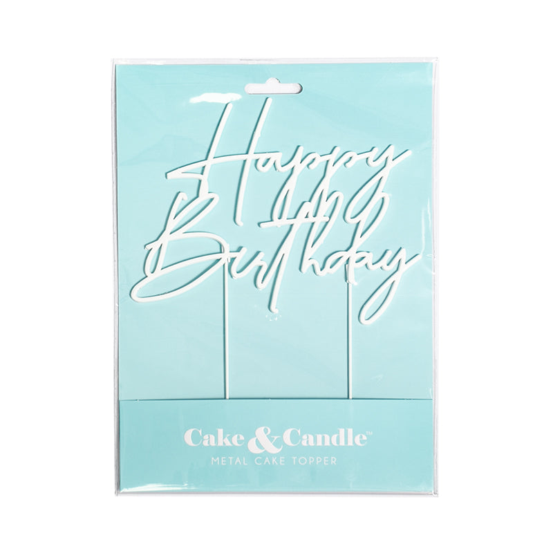Cake & Candle Metal Cake Topper Happy Birthday 4 Pearl White