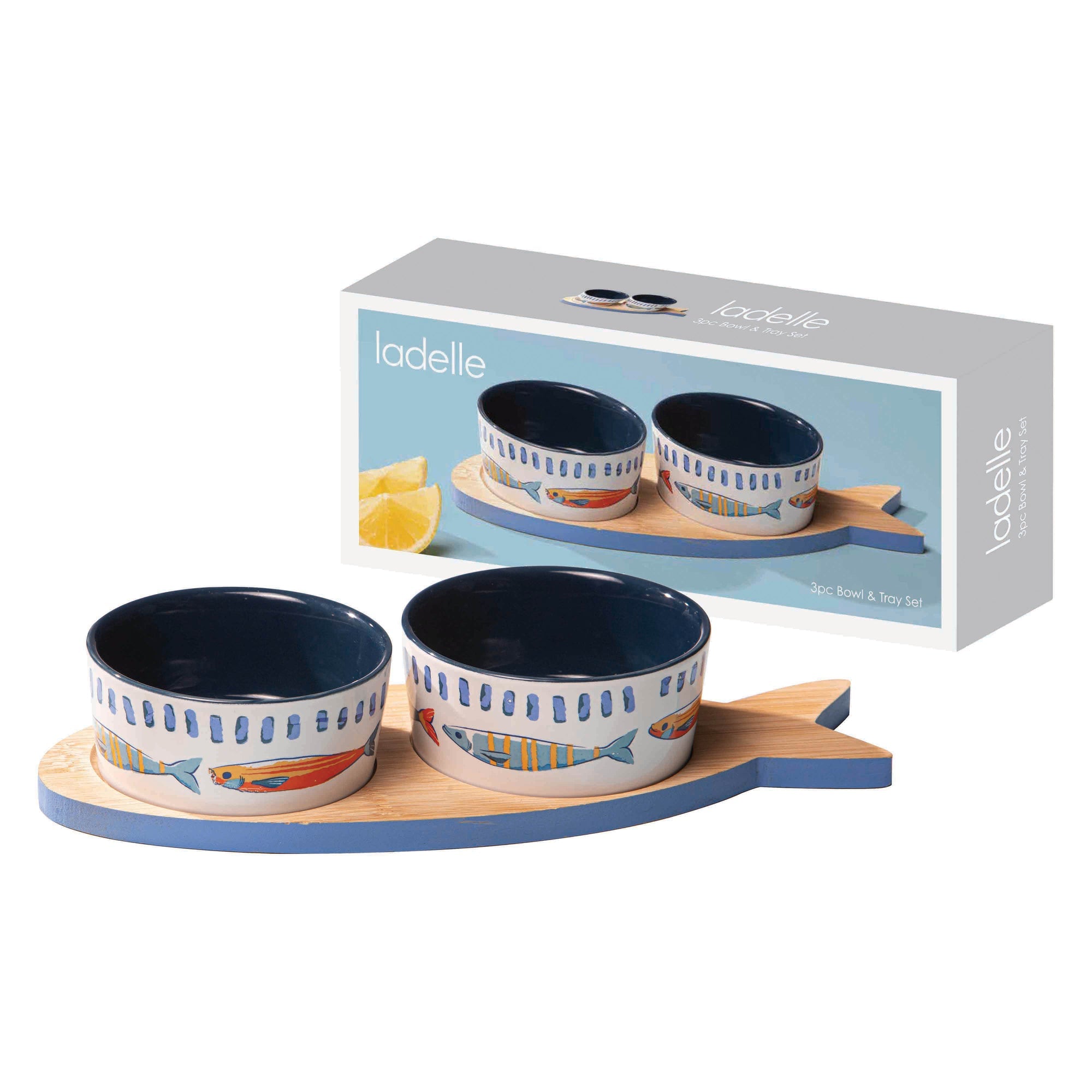 Ladelle Capri Fish 3pc Bowl & Tray Set