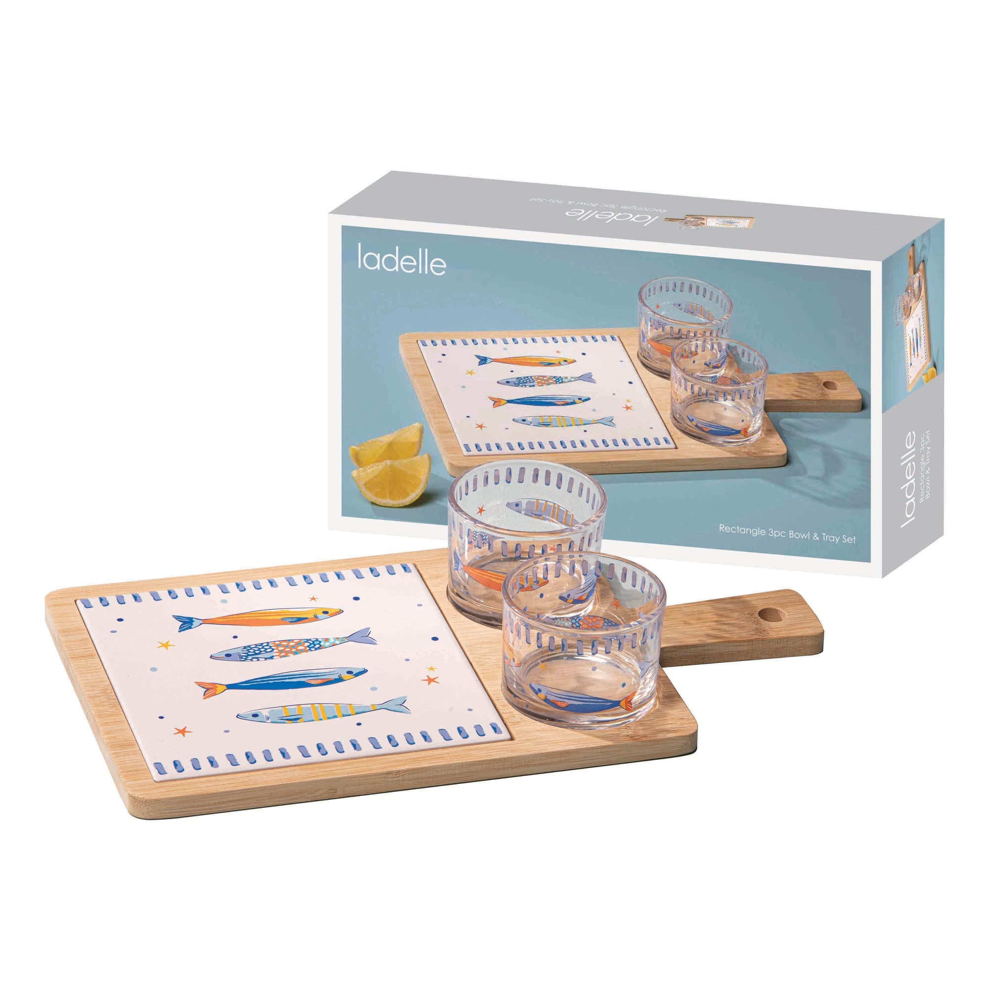 Ladelle Capri Fish Rectangle 3pc Bowl & Tray Set