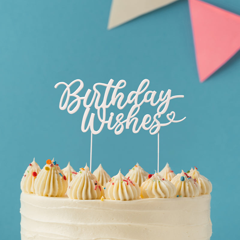 Cake & Candle Metal Cake Topper Birthday Wishes Pearl White