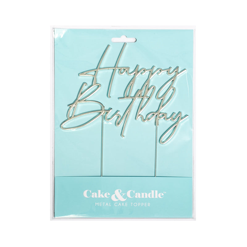 Cake & Candle Metal Cake Topper Happy Birthday 4 Silver