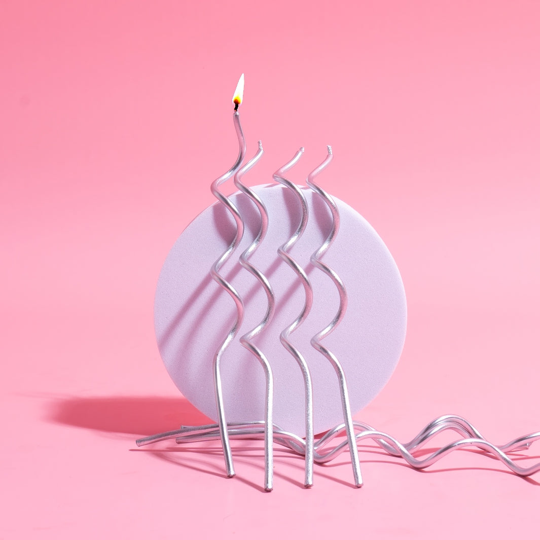 Cake & Candle Swirly Cake Candles Silver 13cm 16 Pack