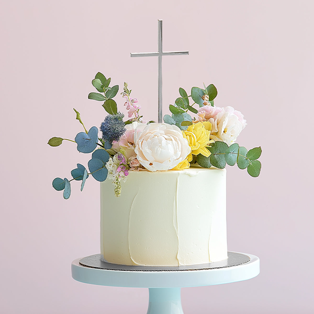 Cake & Candle Metal Cake Topper Fine Cross Silver