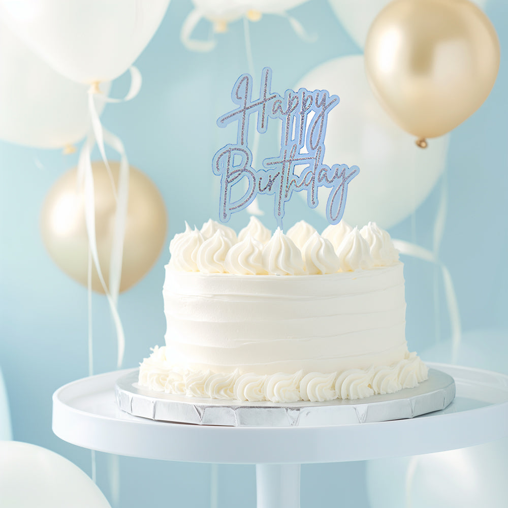 Cake & Candle Layered Cake Topper Happy Birthday Silver Light Blue