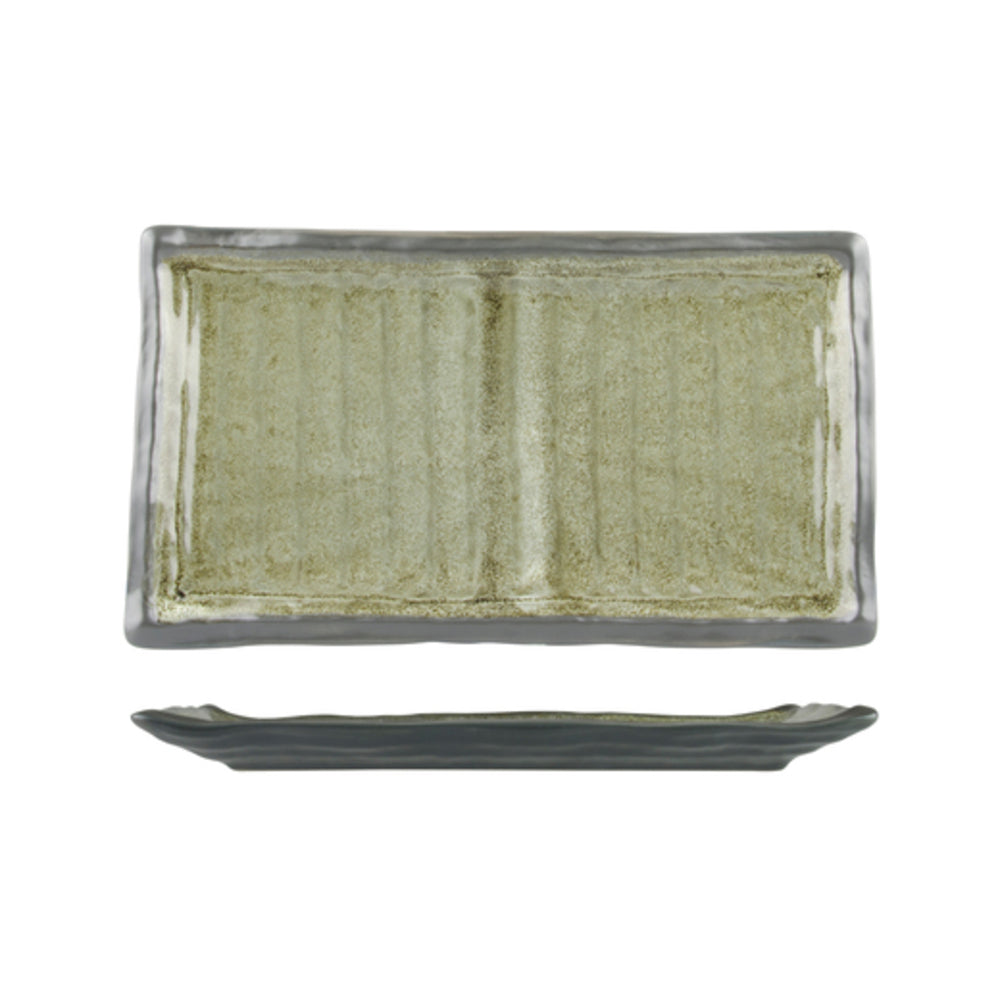 Longfine Uniq Green and Grey Ribbed Rectangular Plate