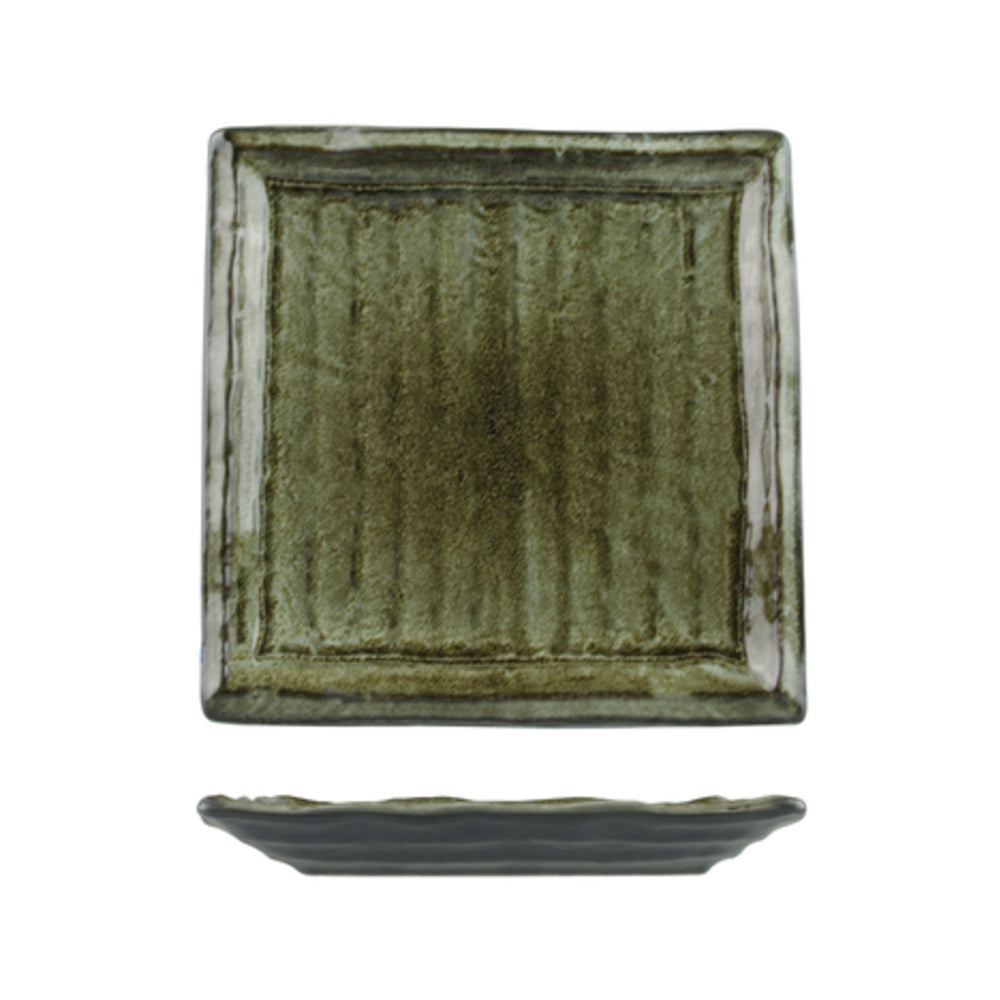 Longfine Uniq Green and Grey Ribbed Square Plate