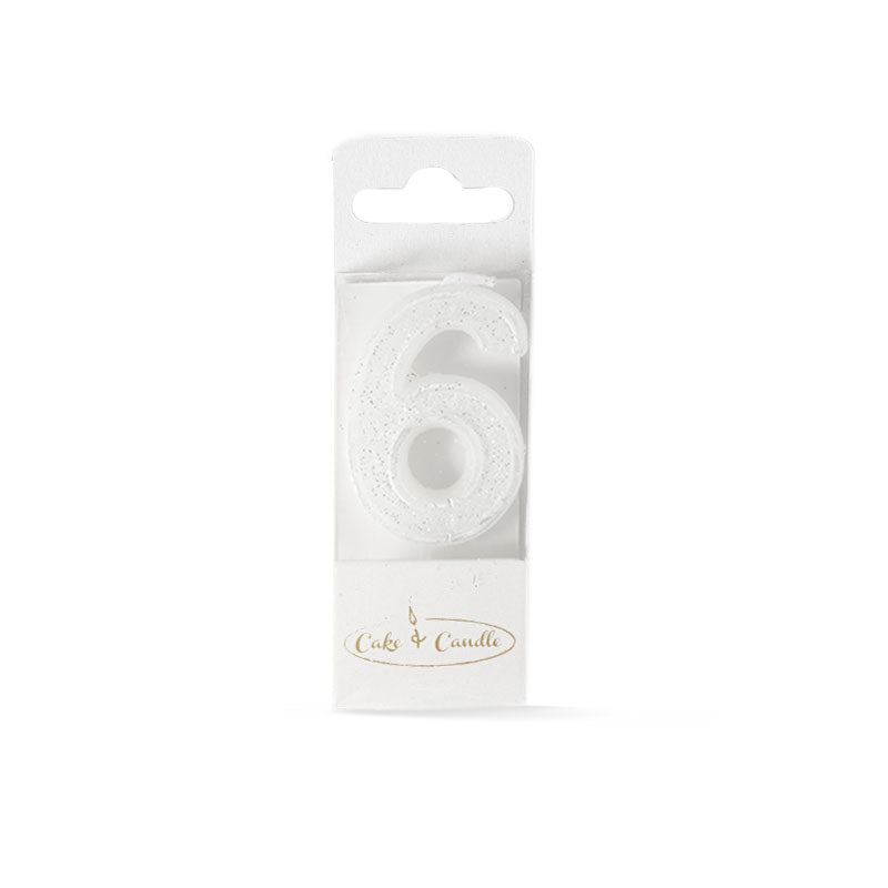 Cake & Candle Mini Glitter Candle White Number 6
