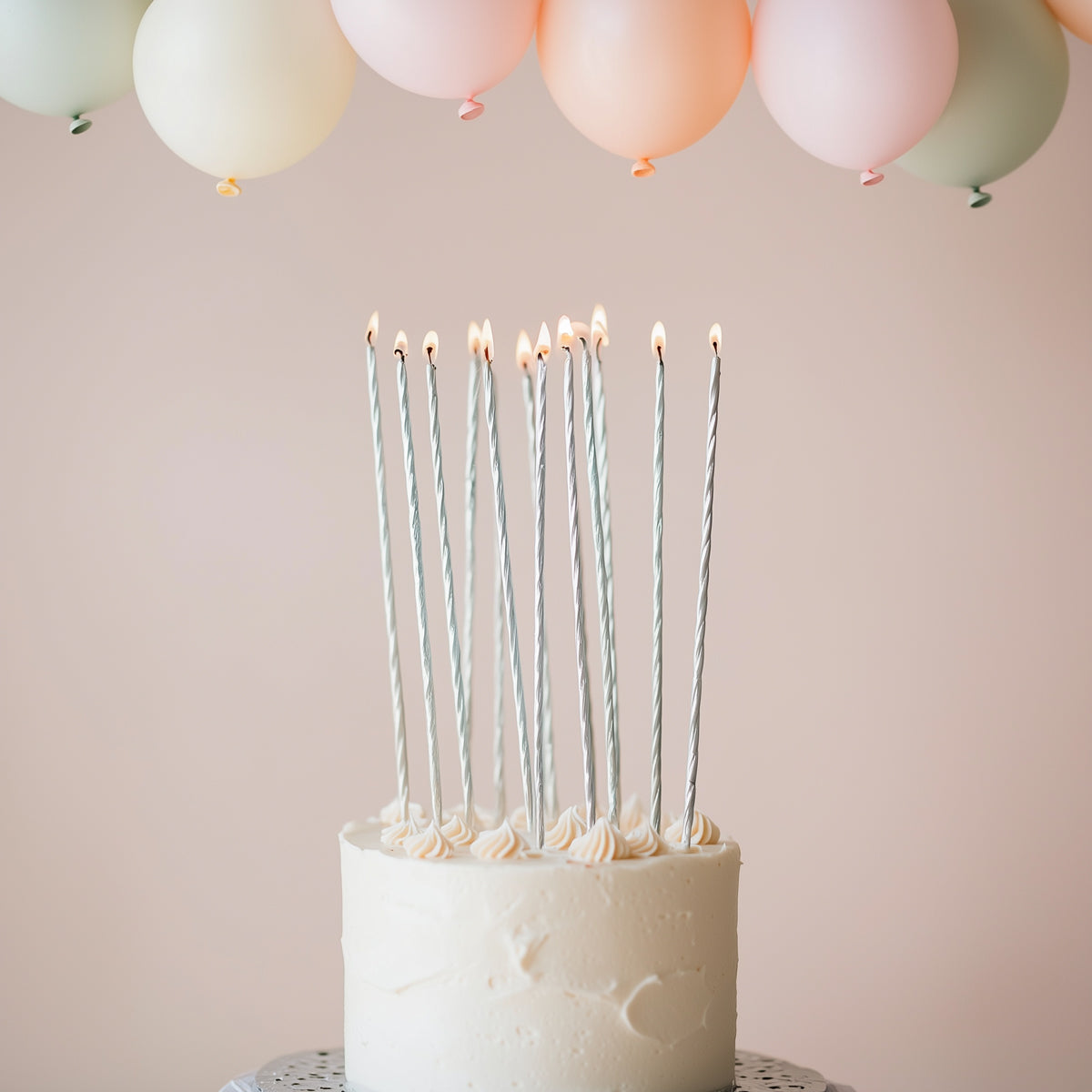 Cake & Candle Fine Spiral Cake Candles Silver 20cm 16 Pack