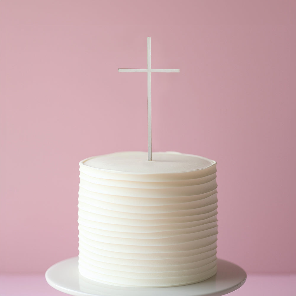 Cake & Candle Metal Cake Topper Fine Cross Silver