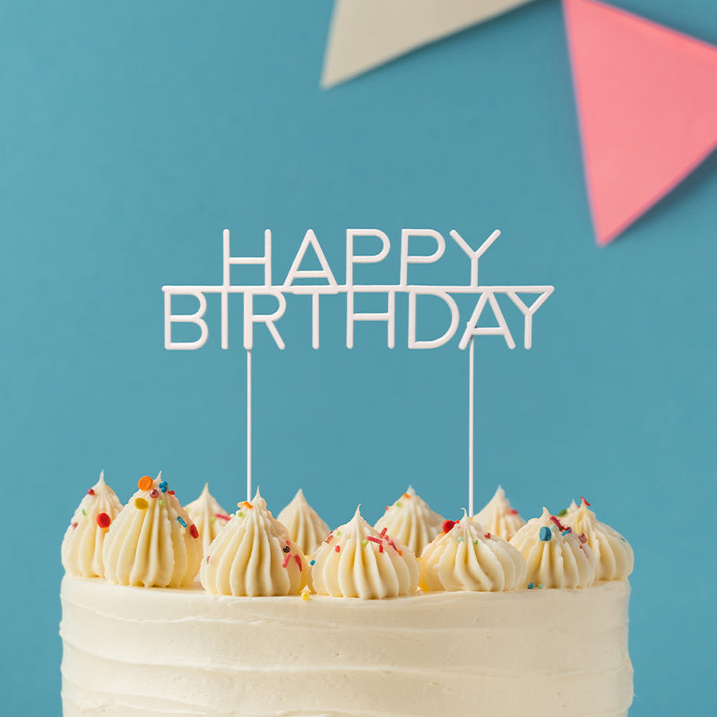 Cake & Candle Metal Cake Topper Caps Happy Birthday Pearl White