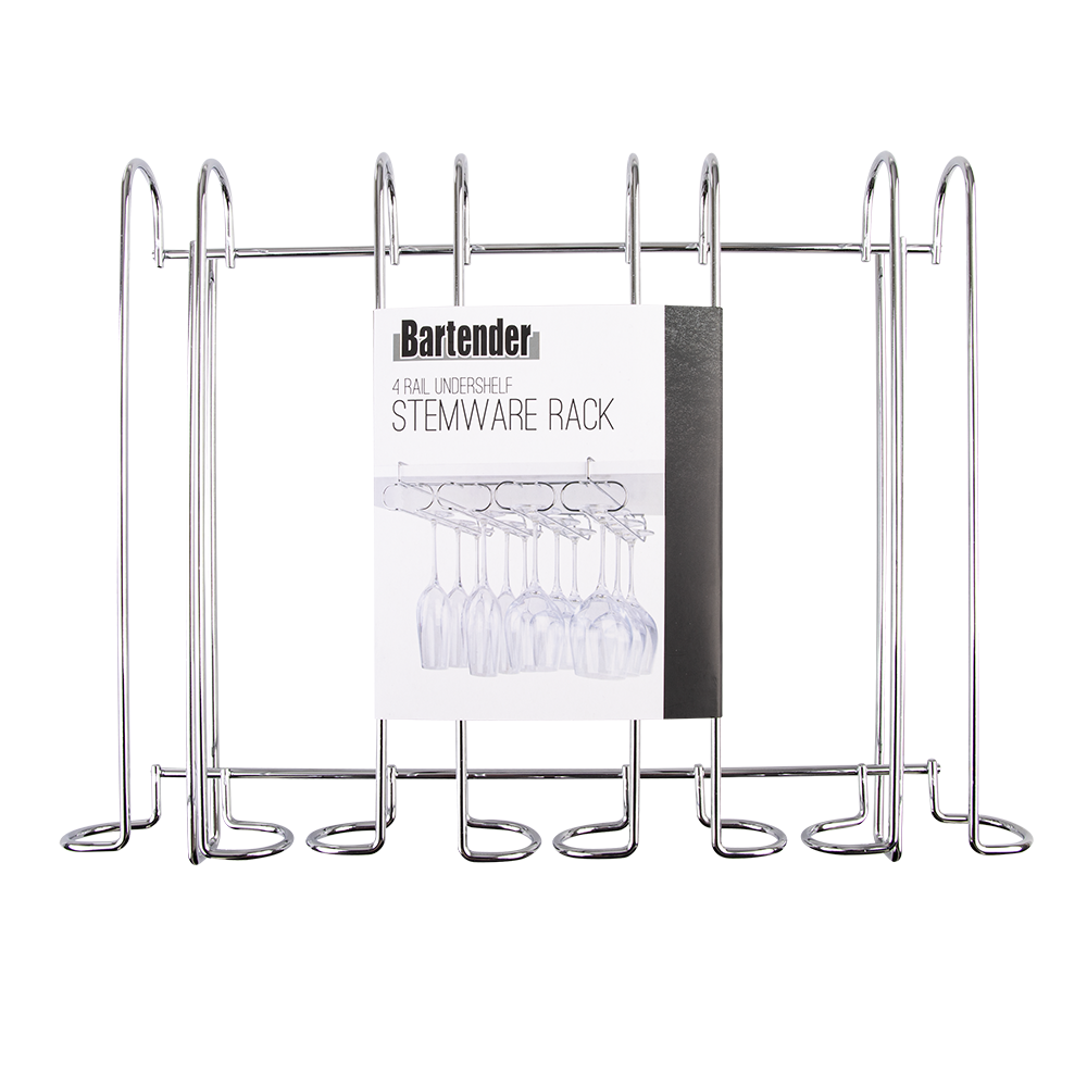 Bartender Undershelf 4 Rail Stemware Rack - Chrome