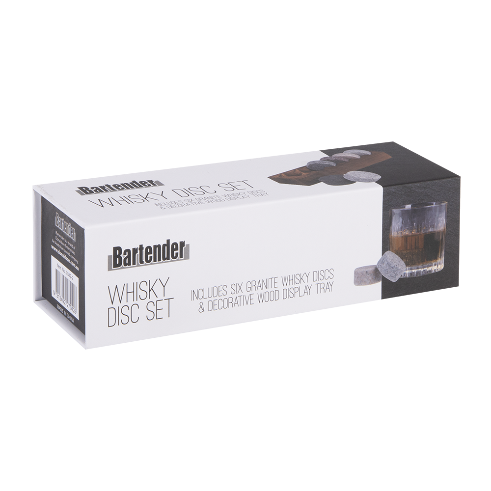 Bartender Whisky Disc Set 6 W/ Wood Base