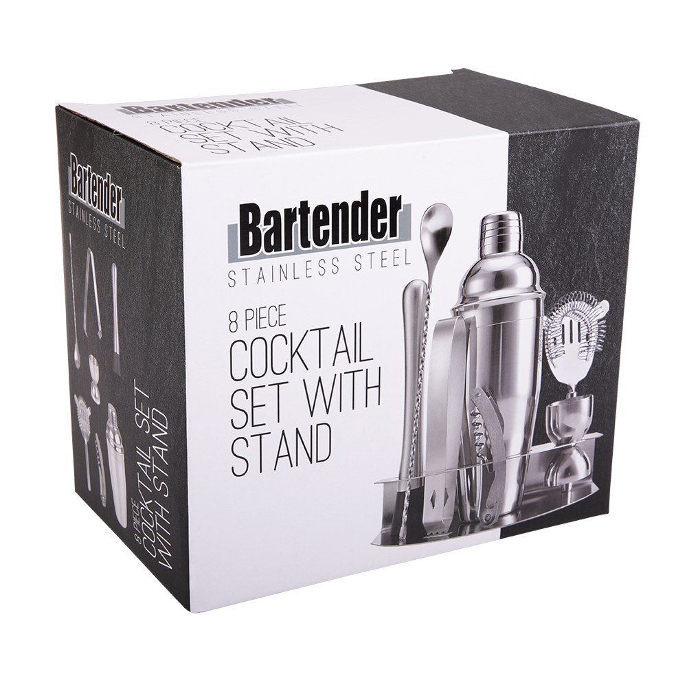 Bartender 8 Piece Stainless Steel Cocktail Set W/ Stand