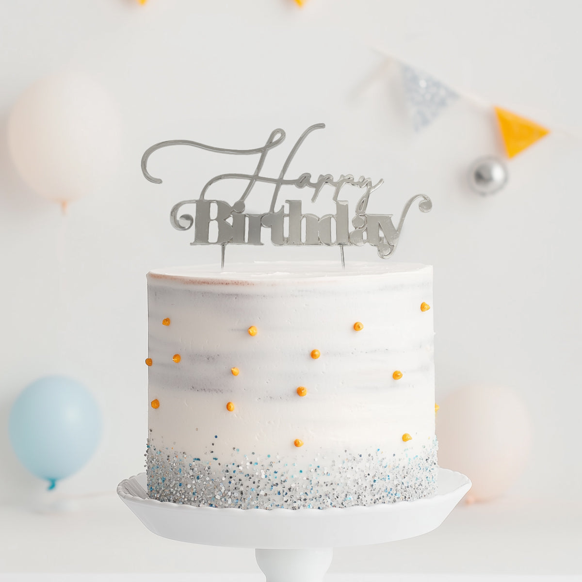 Cake & Candle Metal Cake Topper Happy Birthday 1 Silver