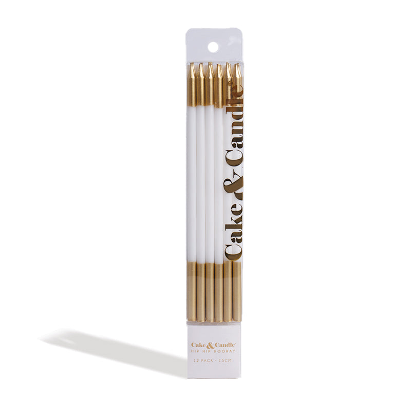 Cake & Candle Double Dipped Cake Candles Gold & White 15cm 12 Pack