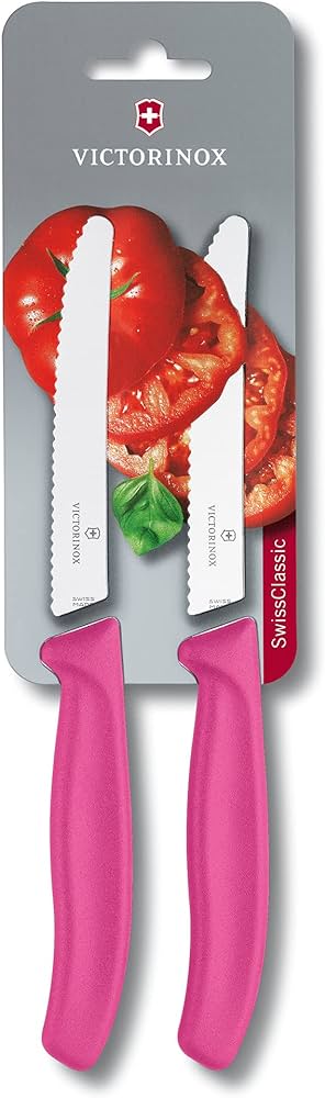 Victorinox Steak & Tomato Knife,11cm Round Tip,Wavy Edge,2 pc Set Classic Pink