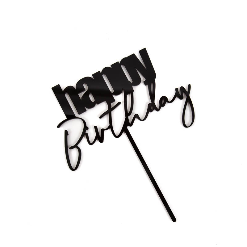 Cake & Candle Cursive Happy Birthday Cake Topper Black