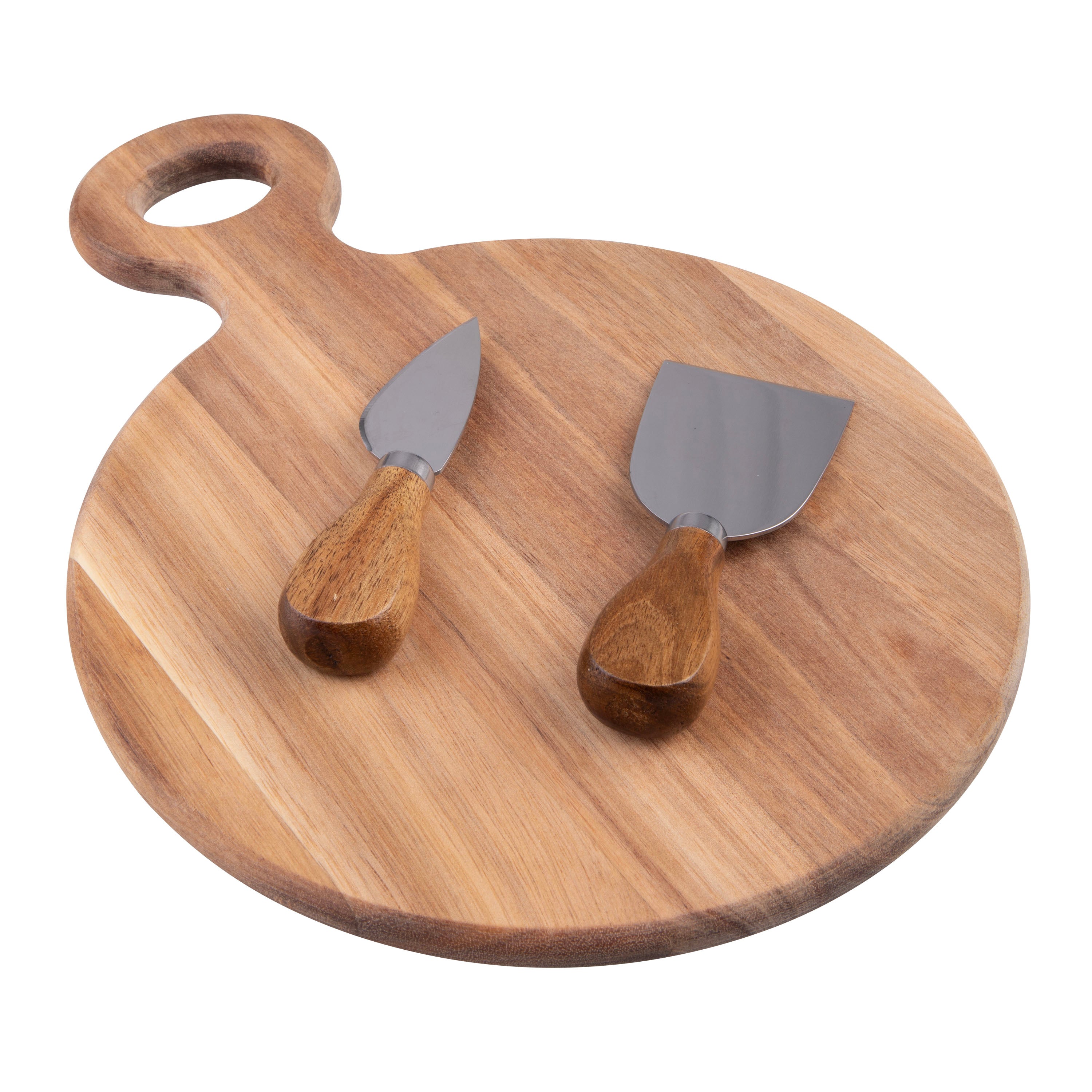Alfresco Lane Acacia Wood Cheese Paddle Set with Knives – Round, 30 × 22cm, 3 Piece