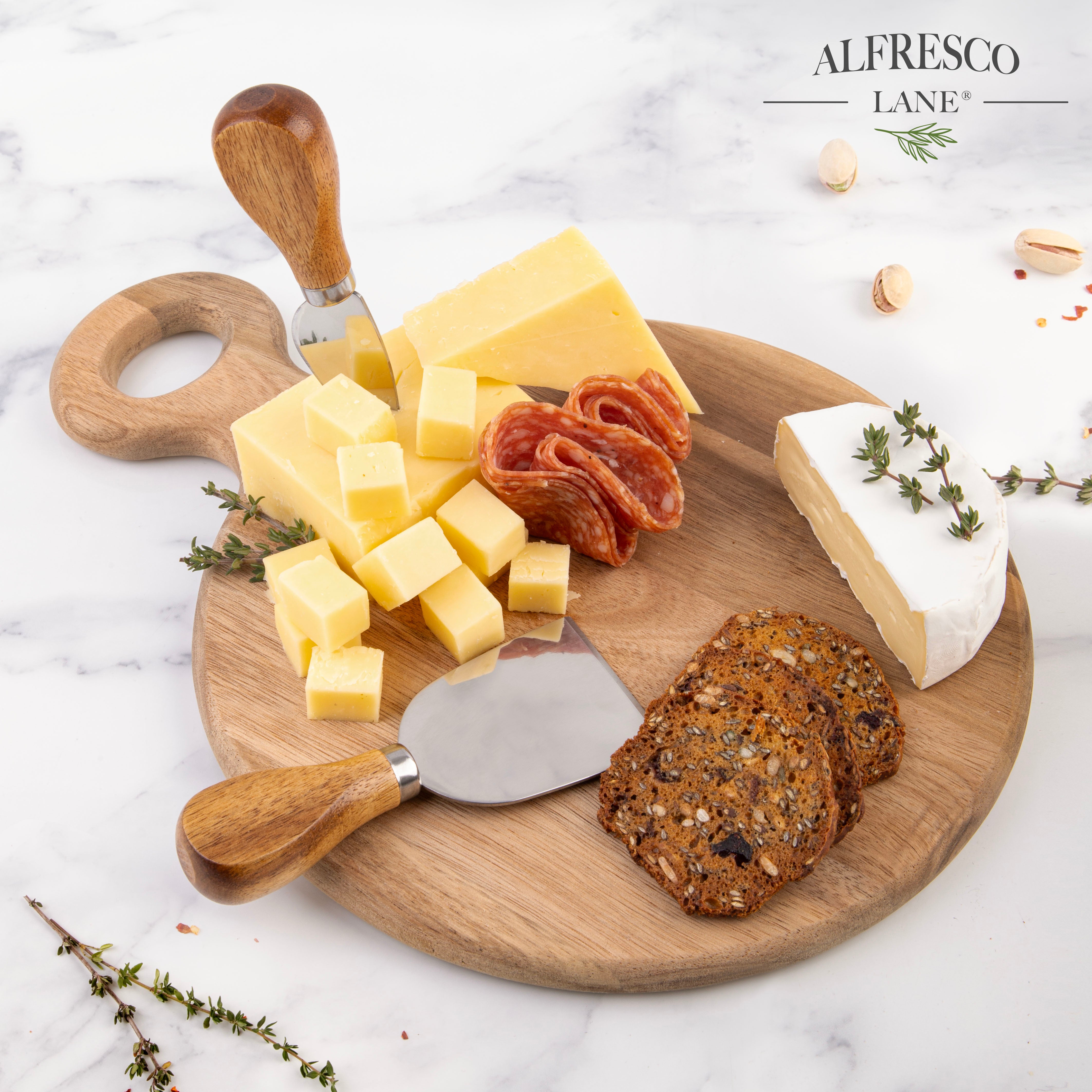 Alfresco Lane Acacia Wood Cheese Paddle Set with Knives – Round, 30 × 22cm, 3 Piece