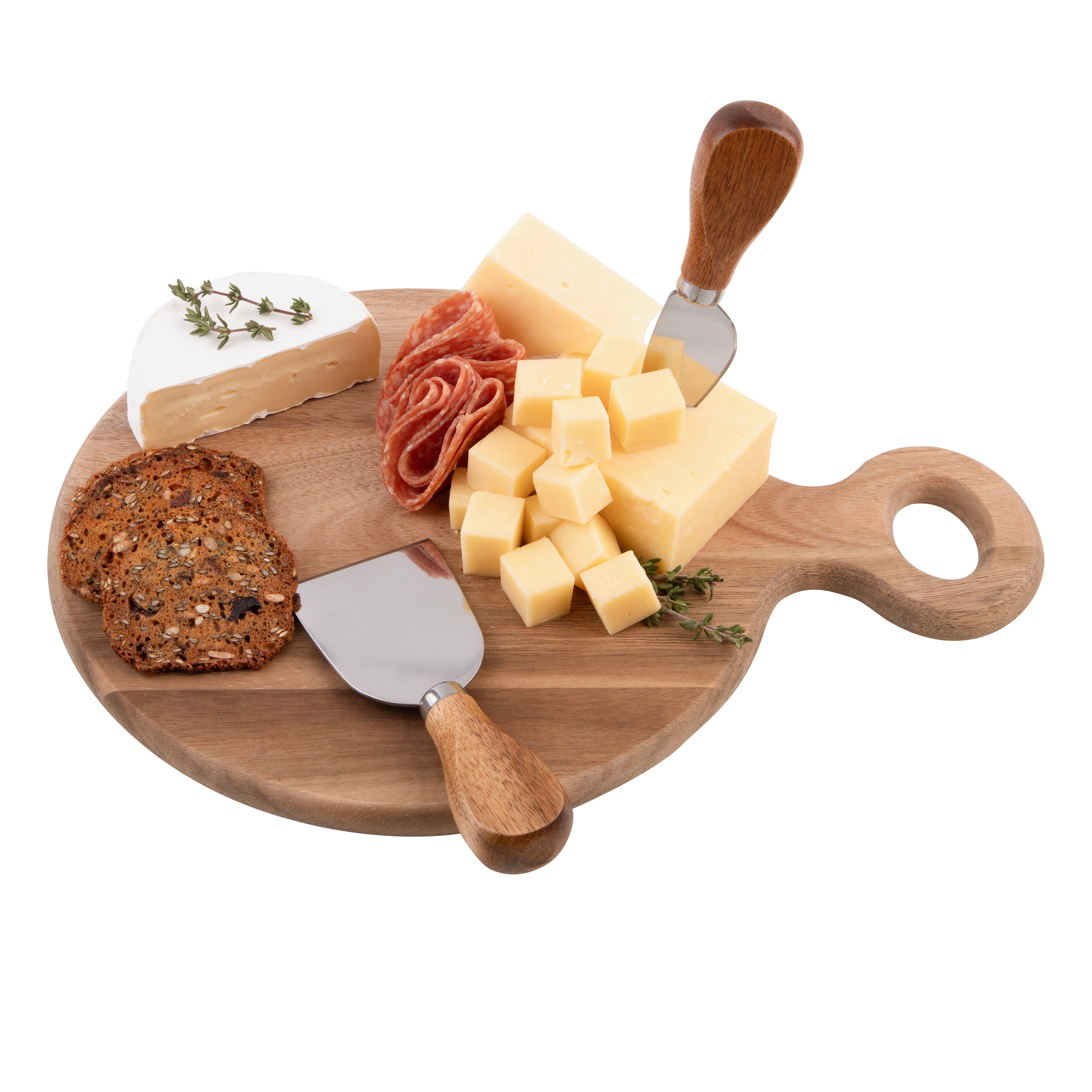 Alfresco Lane Acacia Wood Cheese Paddle Set with Knives – Round, 30 × 22cm, 3 Piece