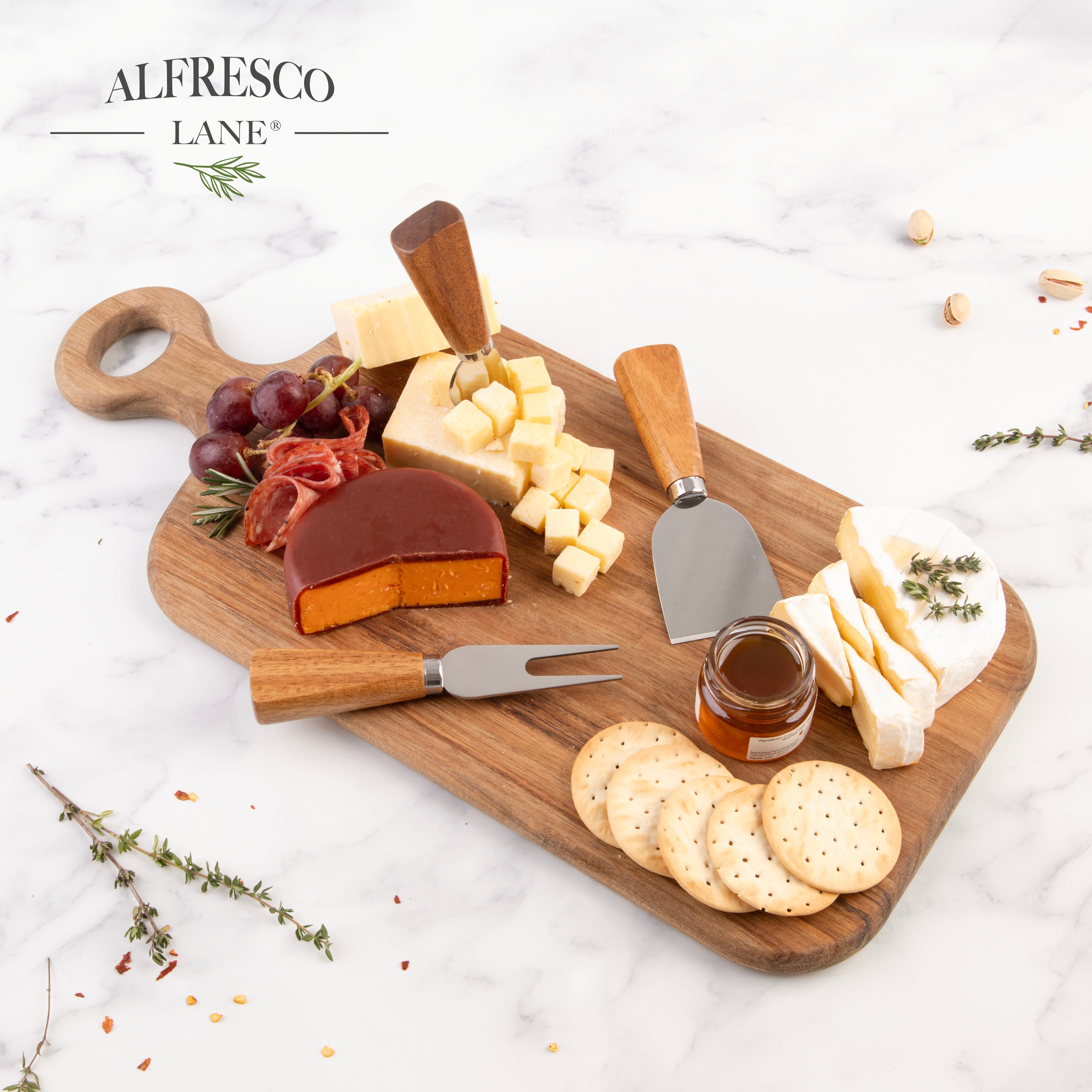 Alfresco Lane Acacia Wood Cheese Paddle Set with Knives – Oblong, 43 × 20cm, 4 Piece