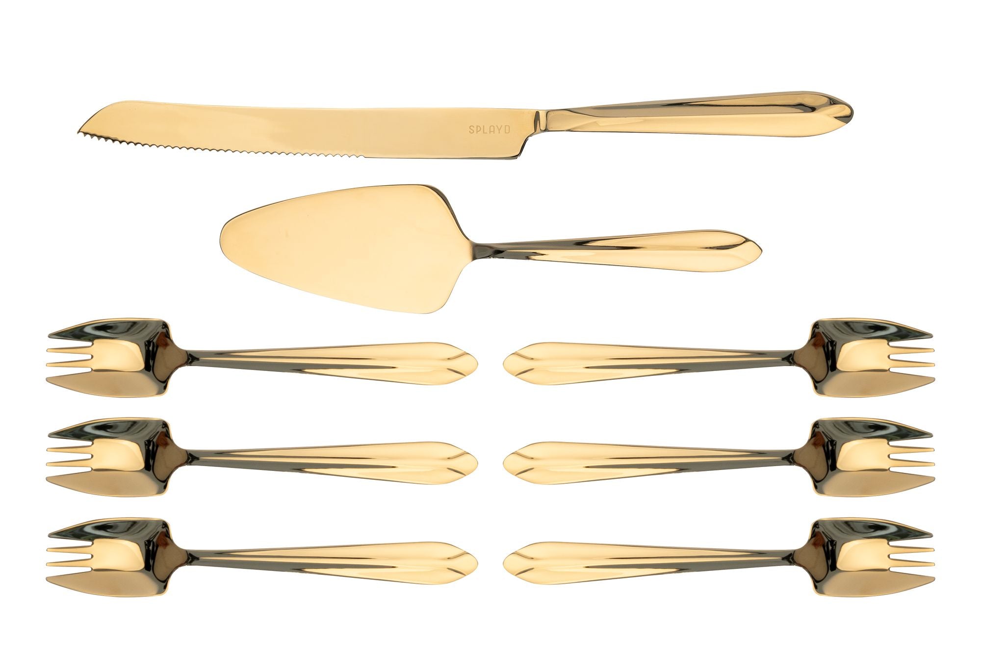 Splayd Gold Mirror Cake Knife, Server & Splayd Set 8 Piece
