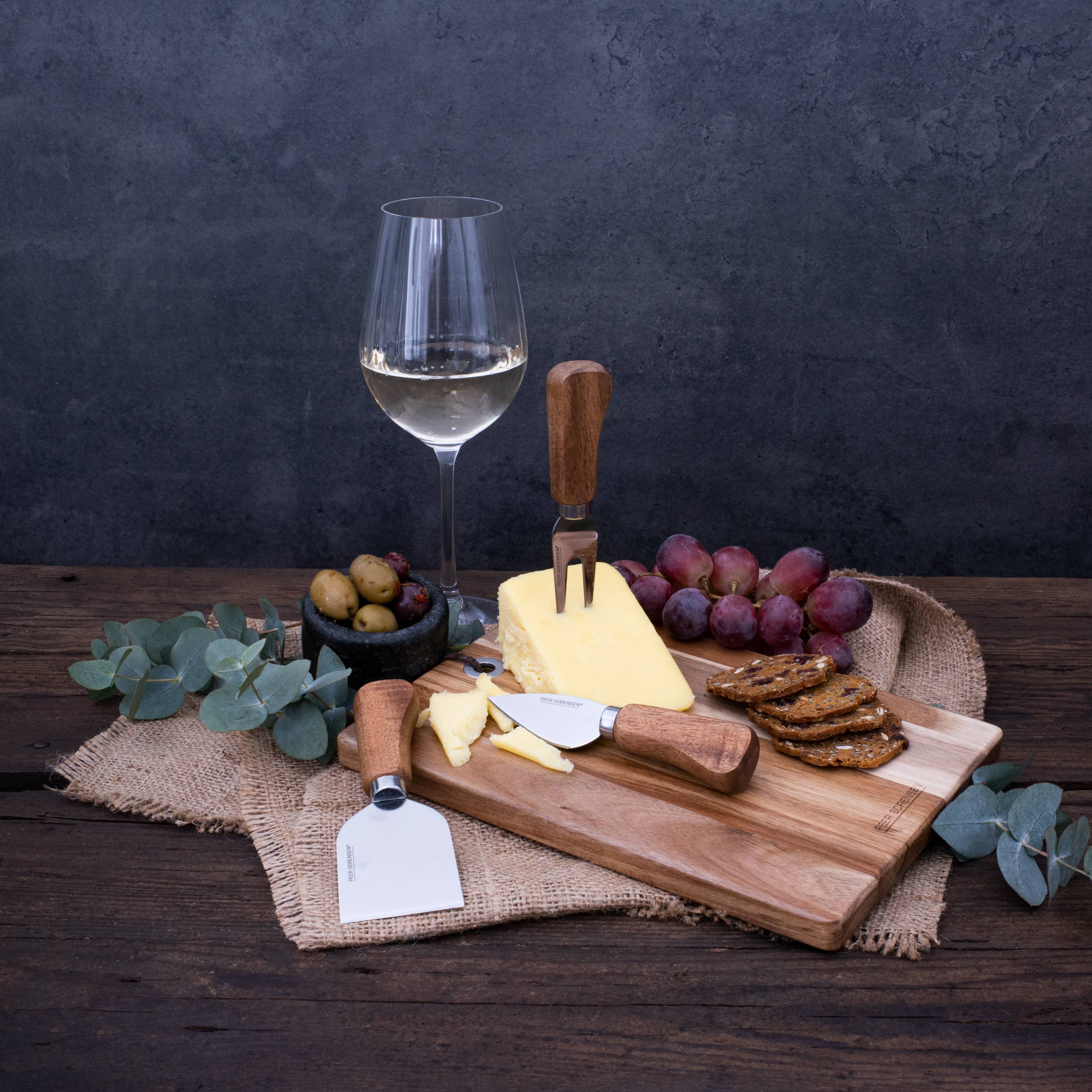 Peer Sorensen Rectangular Cheese and Serving Board with 3 Cheese Knives 24.5x17x1.5cm - Acacia Wood