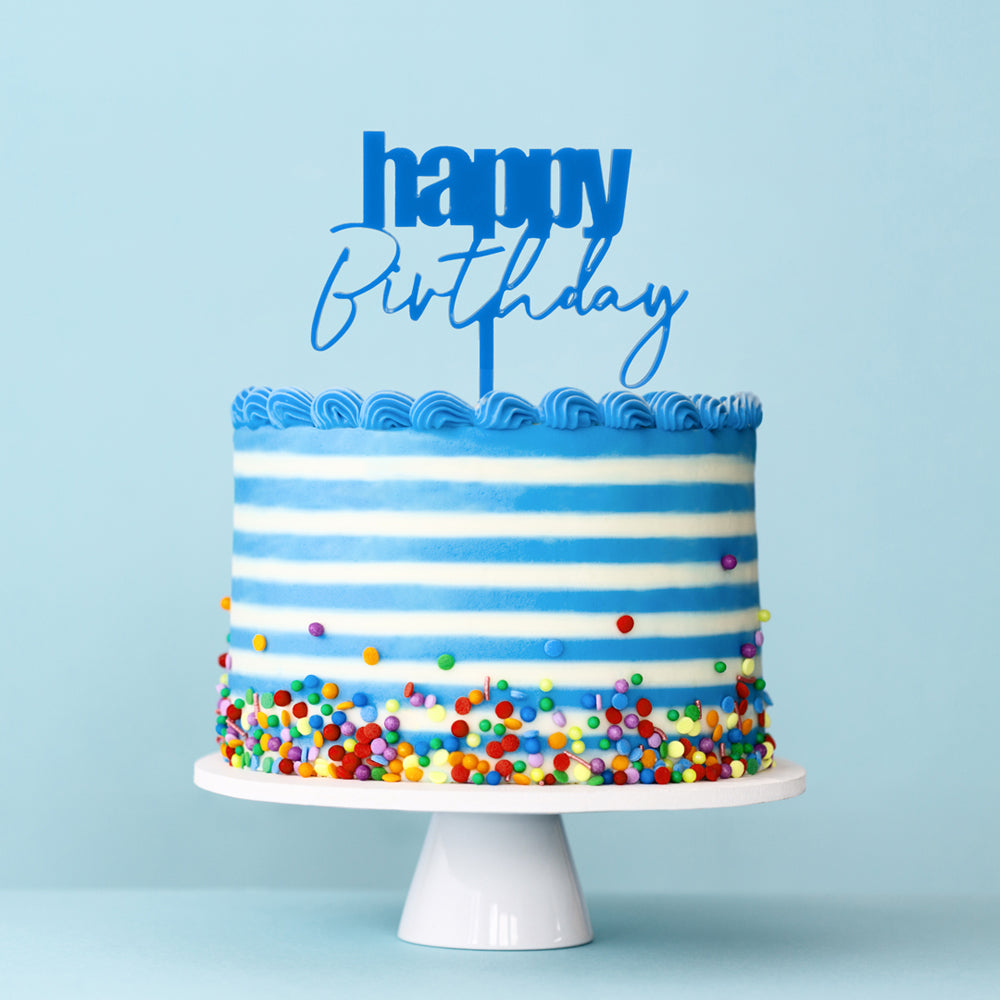 Cake & Candle Cursive Happy Birthday Cake Topper Blue