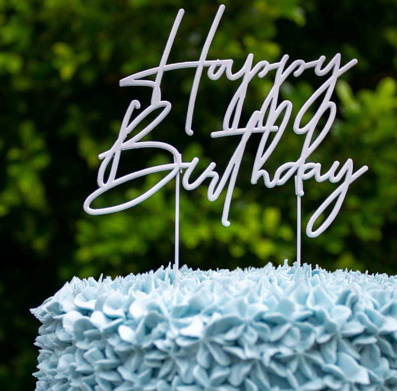 Cake & Candle Metal Cake Topper Happy Birthday 4 Pearl White