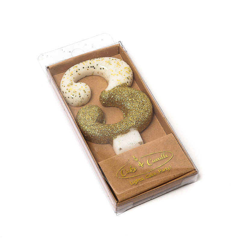 Cake & Candle Glitter Dipped Candle Number 3 Gold 8cm