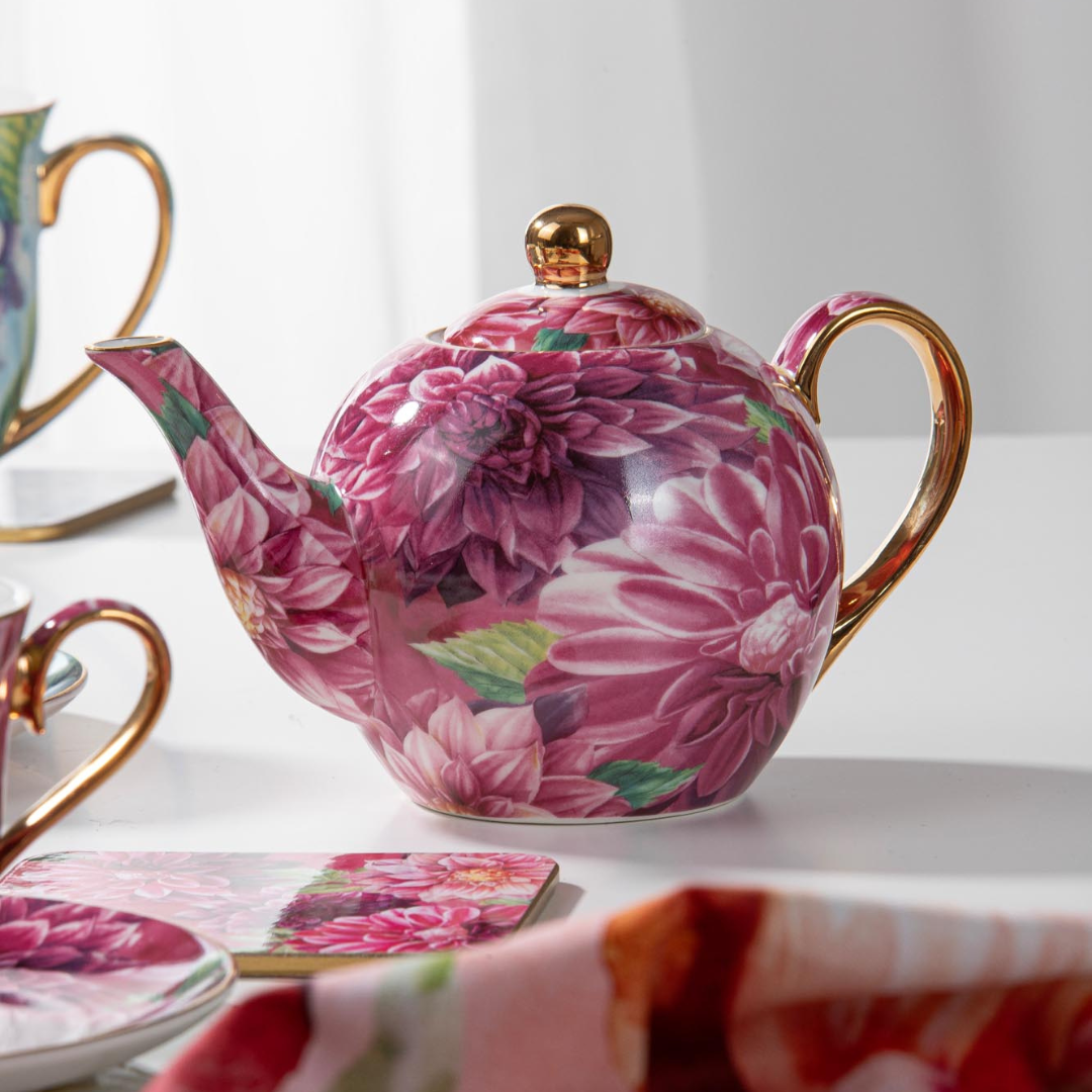 Ashdene Bold Blooms Pink Dahlia Teapot & 2 Teacup Set
