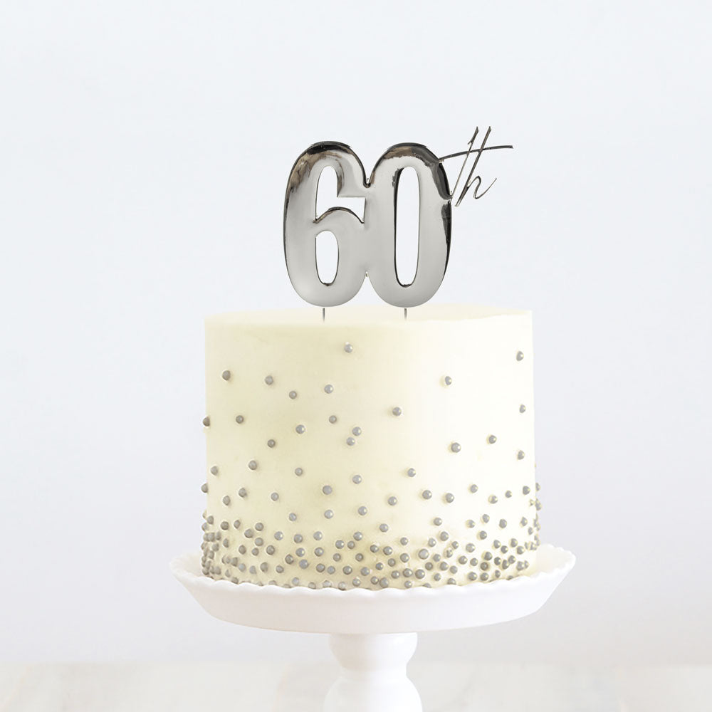 Cake & Candle Metal Cake Topper 60th Silver