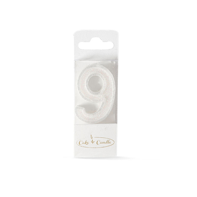 Cake & Candle Mini Glitter Candle White Number 9