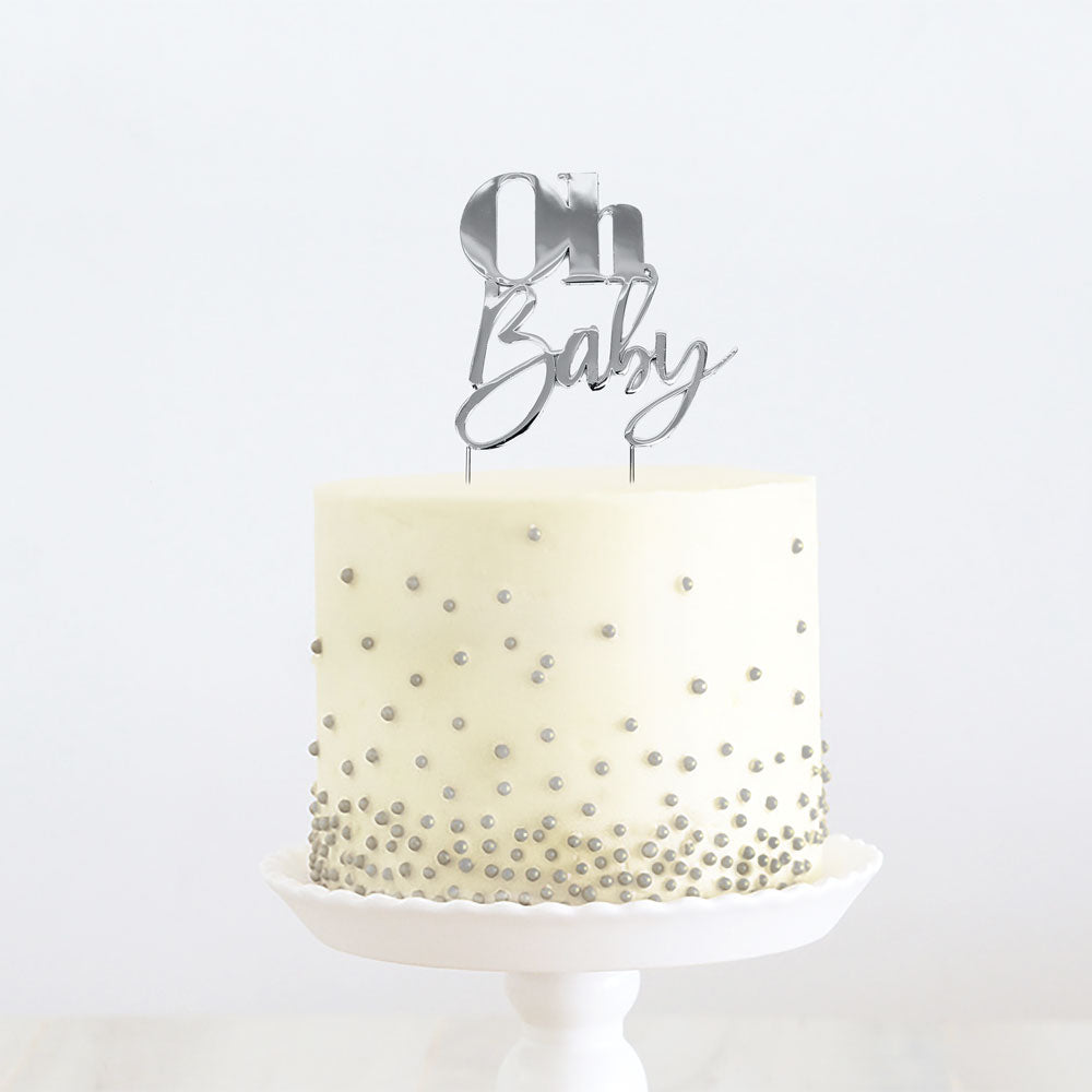Cake & Candle Metal Cake Topper Oh Baby Silver