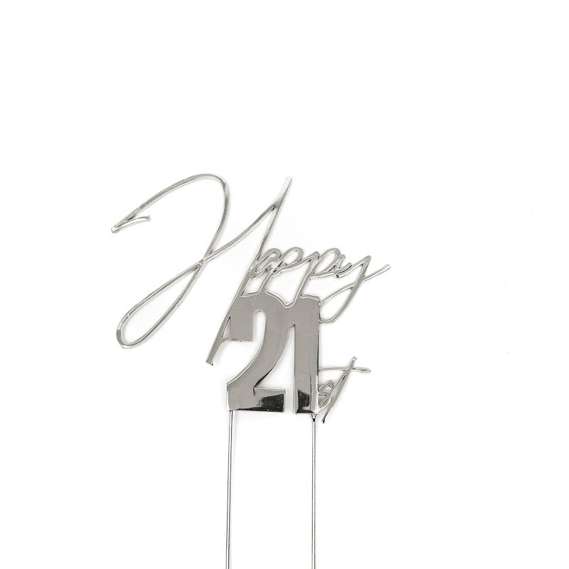 Cake & Candle Metal Cake Topper Happy 21st Silver