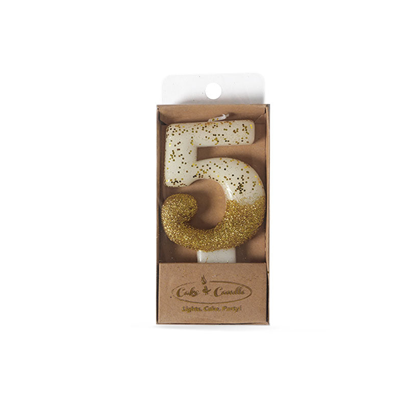 Cake & Candle Glitter Dipped Candle Number 5 Gold 8cm