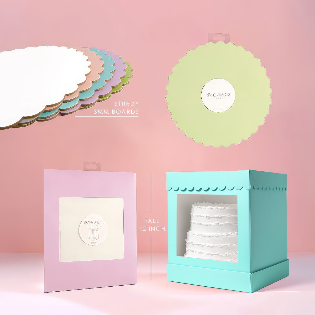 Papyrus Tall Scalloped Cake Box Pastel Blue 10 x 10 x 12in