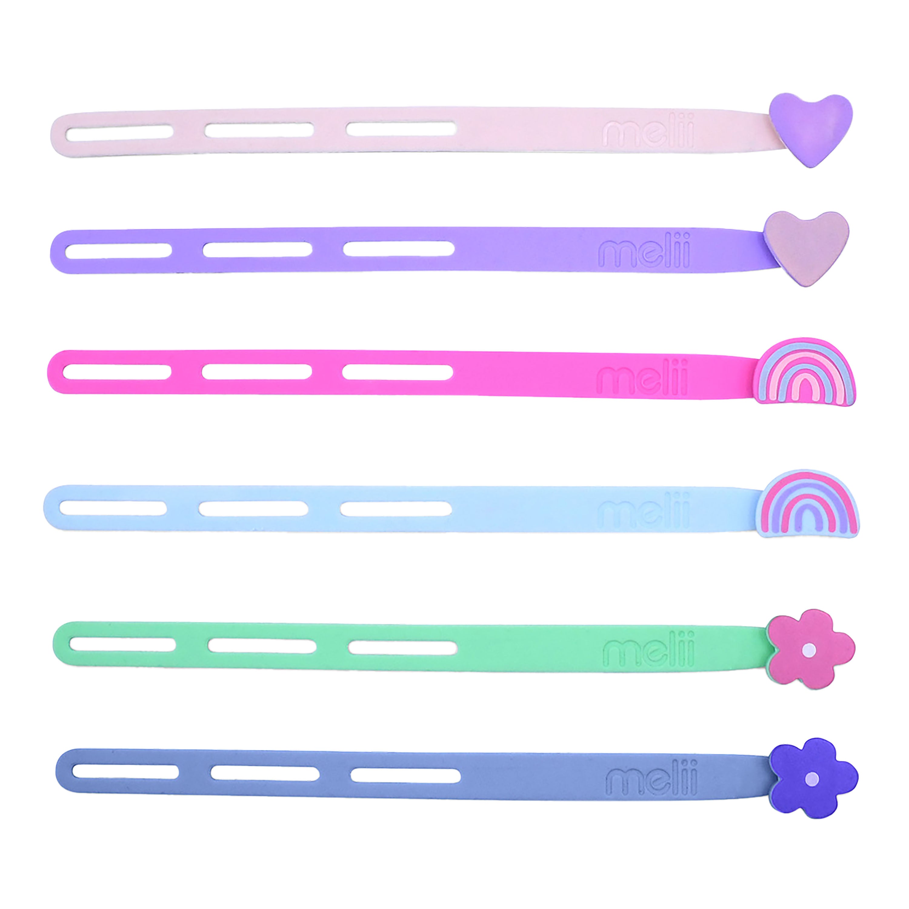 Melii Luxe Silicone Wrap Bands Set of 6 Flower, Heart & Rainbow