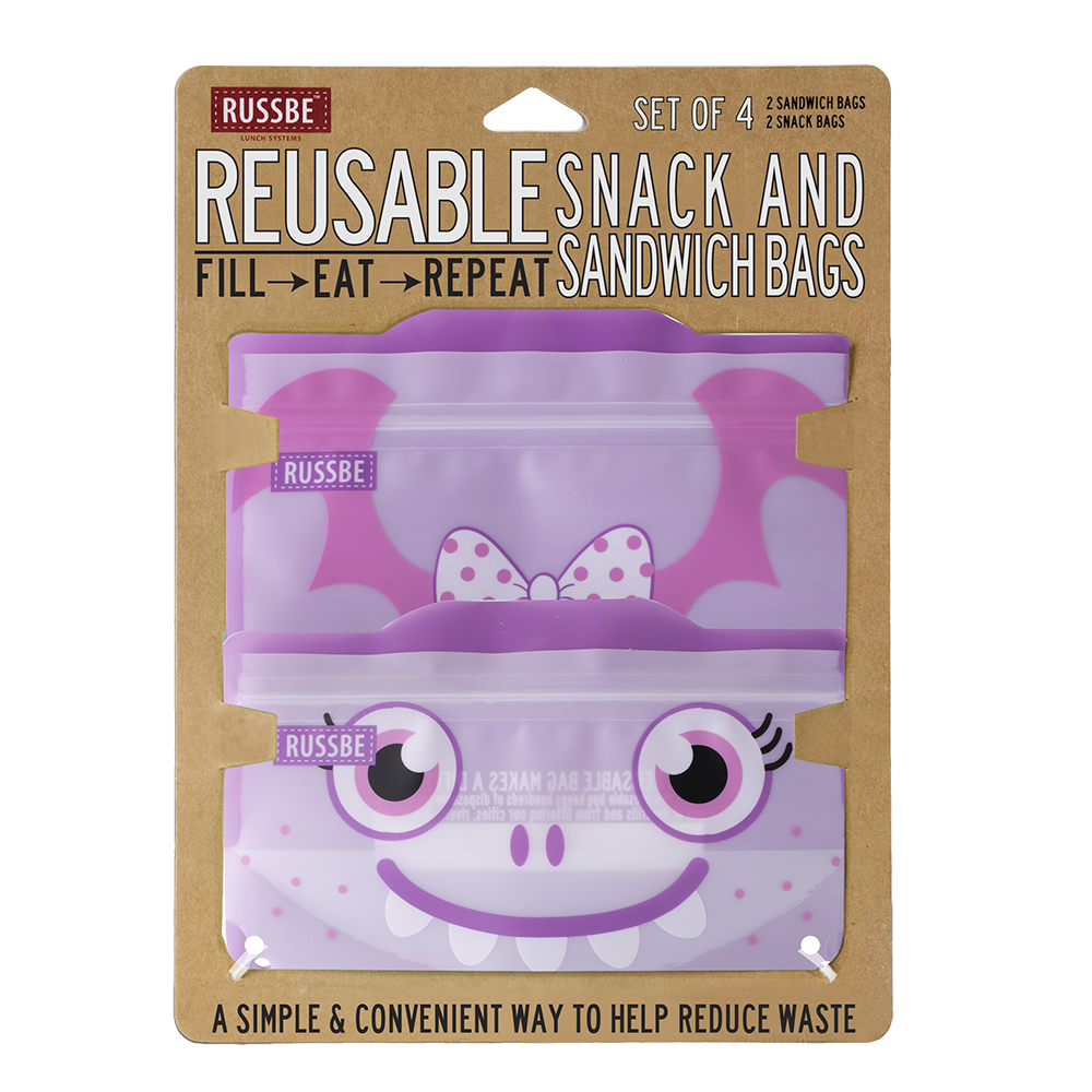 Russbe Reusable Snack & Sandwich Bag Set – 4 Piece – Purple Monster