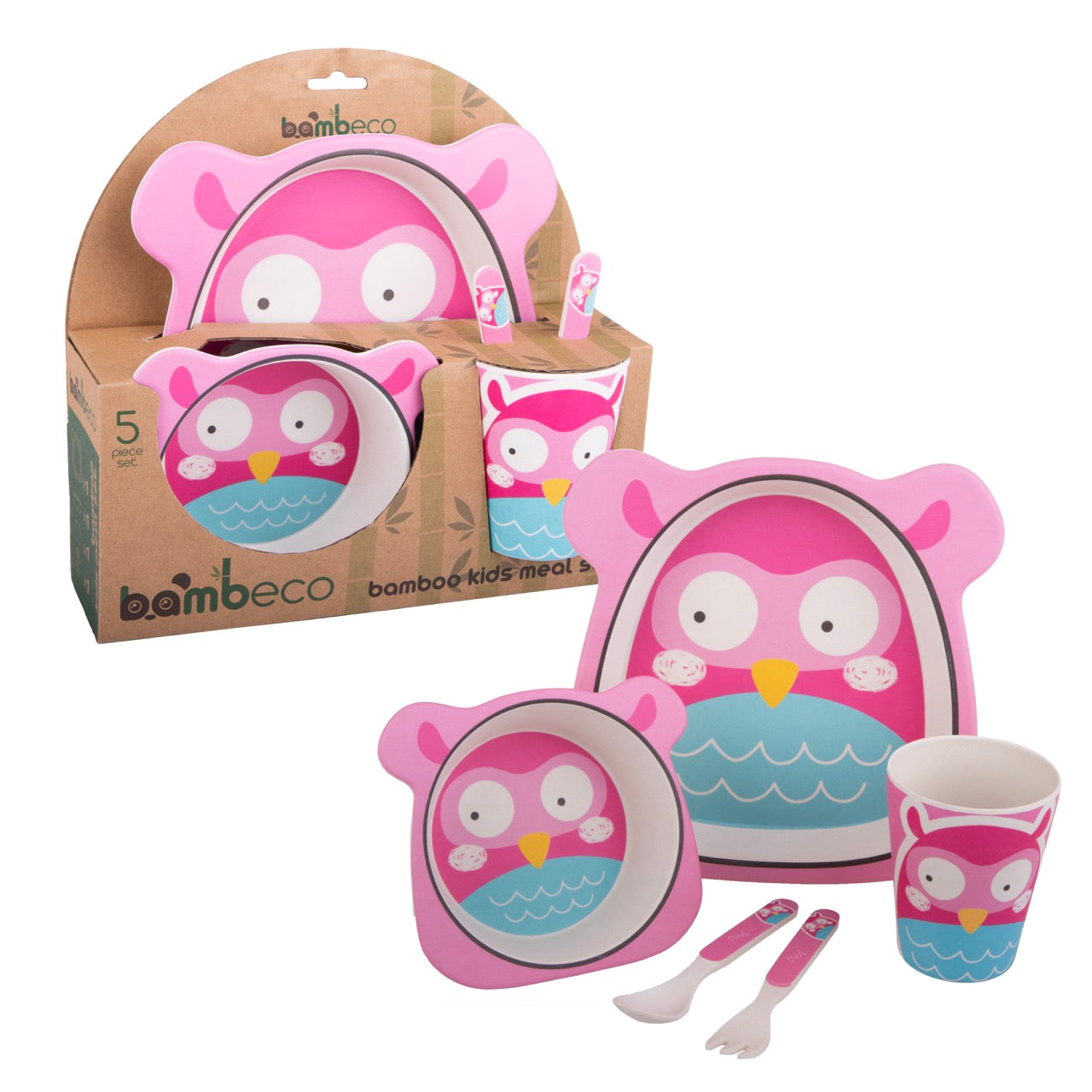 Bambeco Bamboo 5 Piece Kids Meal Set – Pink Owl