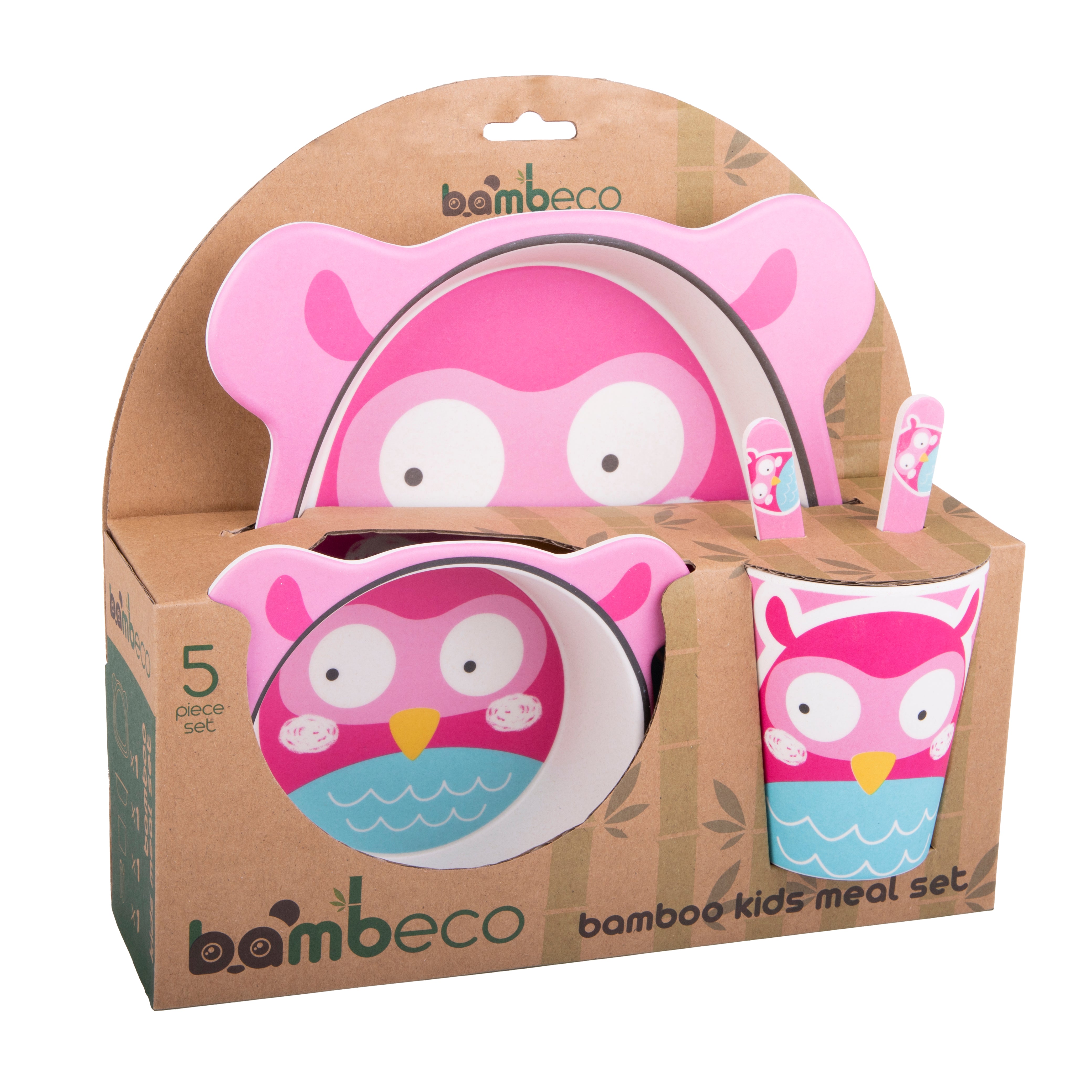 Bambeco Bamboo 5 Piece Kids Meal Set – Pink Owl