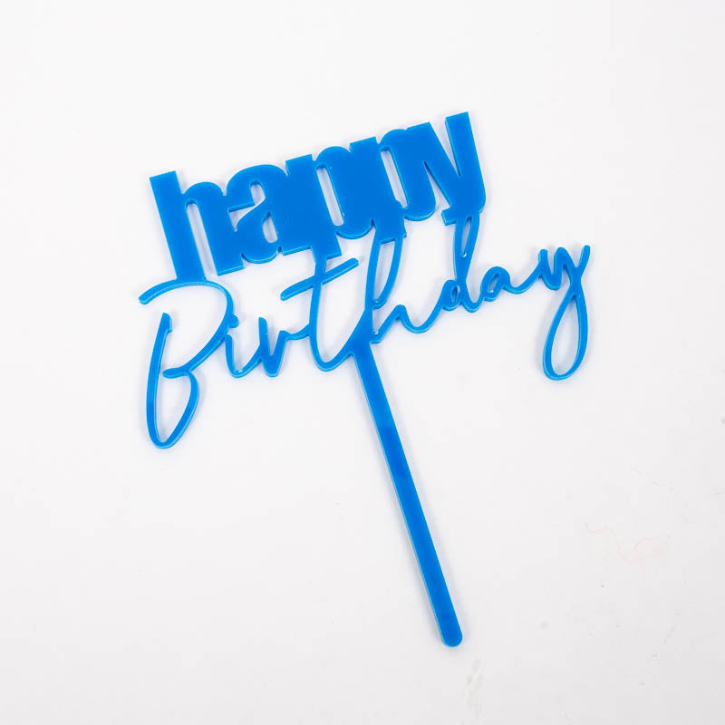 Cake & Candle Cursive Happy Birthday Cake Topper Blue
